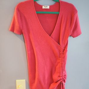 Amalli Talli Coral Pink Ribbed Wrap-Style Women's Blouse
